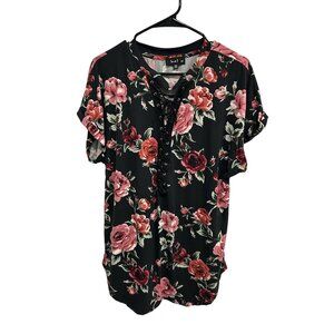 Love J Floral Lace-Up Tunic Top 1X Black Pink Roses Short Sleeve Whimsigoth